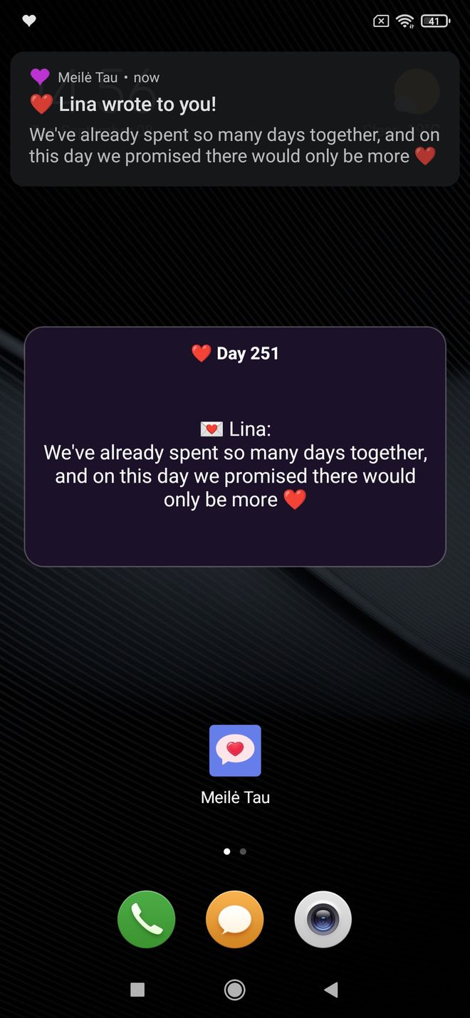 Meilė Tau widget showing today’s note on the home screen