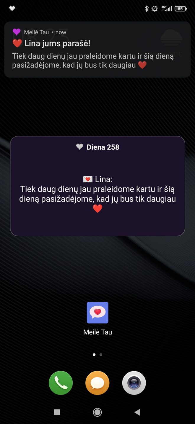 „Meilė Tau“ valdiklis su dienos žinute pagrindiniame ekrane