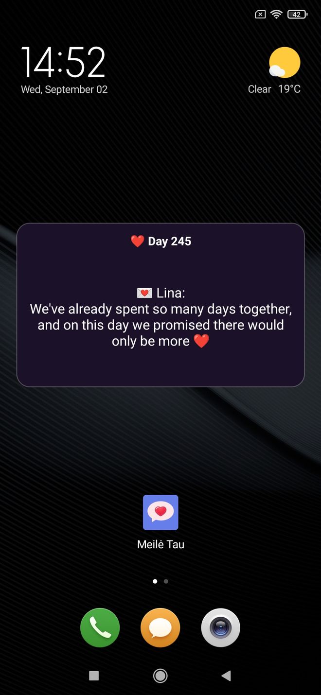 Meilė Tau widget with today’s love note on the home screen
