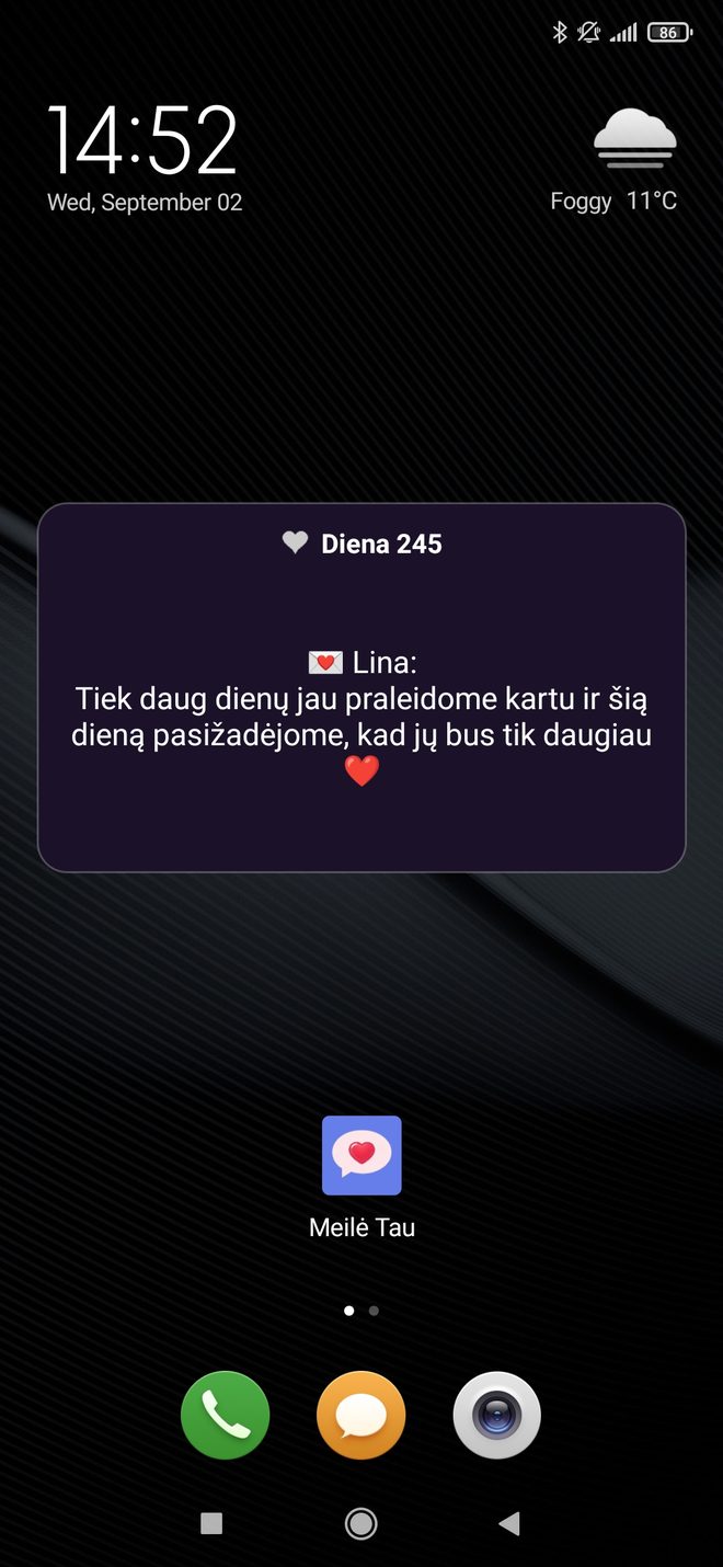 „Meilė Tau“ valdiklis su šios dienos meilės žinute pagrindiniame ekrane