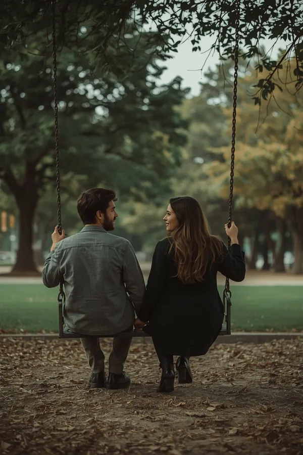 A couple on park swings, looking at each other